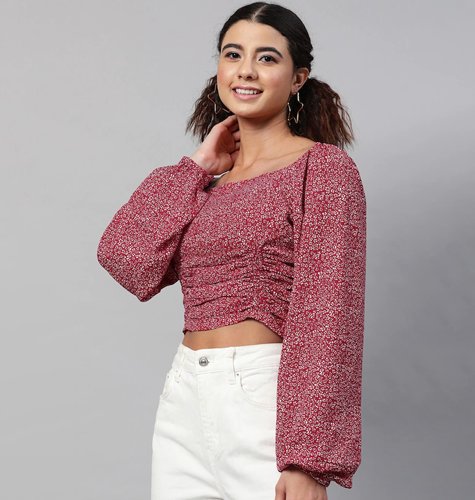 Maroon Floral Georgette Fitted Crop Top